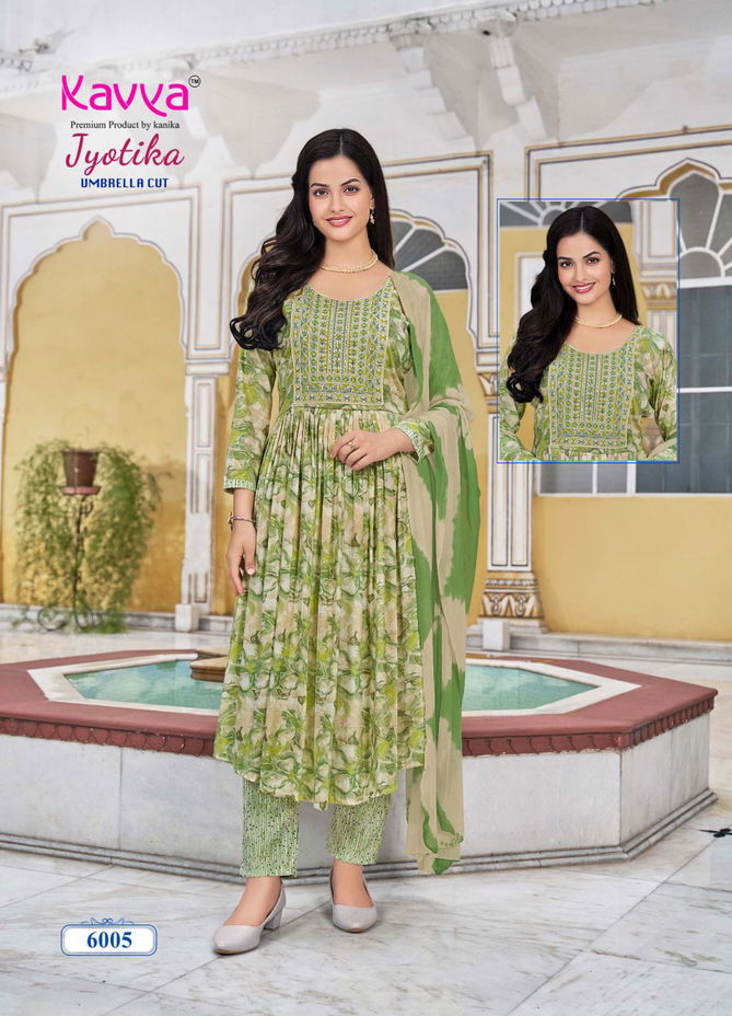 Jyotika Vol 6 By Kavya Capsule Foil Printed Embroidery Kurti With Bottom Dupatta Wholesalers In Mumbai
